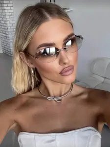 Women's Y2K Retro Silver Color Fashion Frameless Oval Glasses, Comfortable Ultra-Light Large Metal Eyewear Accessories