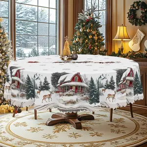 1pc Christmas Themed Print Tablecloth,Rectangle Table Cover with Cute Snowy Elk & Santa, manteles de tela para fiesta, Xmas Decor, Holiday Party Indoor Dining Decor, Round Table Cloth, Christmas Party, Festive Home Kitchen Accessory Gifts table  linens