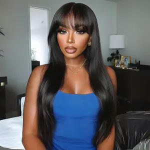 Sunber Yaki Straight Layered Wig with Bangs Glueless Human Hair Wig Put On and Go Wig Beginner Friendly Classic Cap