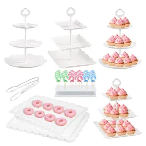 Christmas Haul 12Pcs Plastic Dessert Table Display Set 4Pcs 3-Tier Cake Stand Holder 6Pcs Dessert Serving Tray 1Pc Cookie Platter Rack Tower for Party Organiser Lollipop Rectangle Ornaments Decor