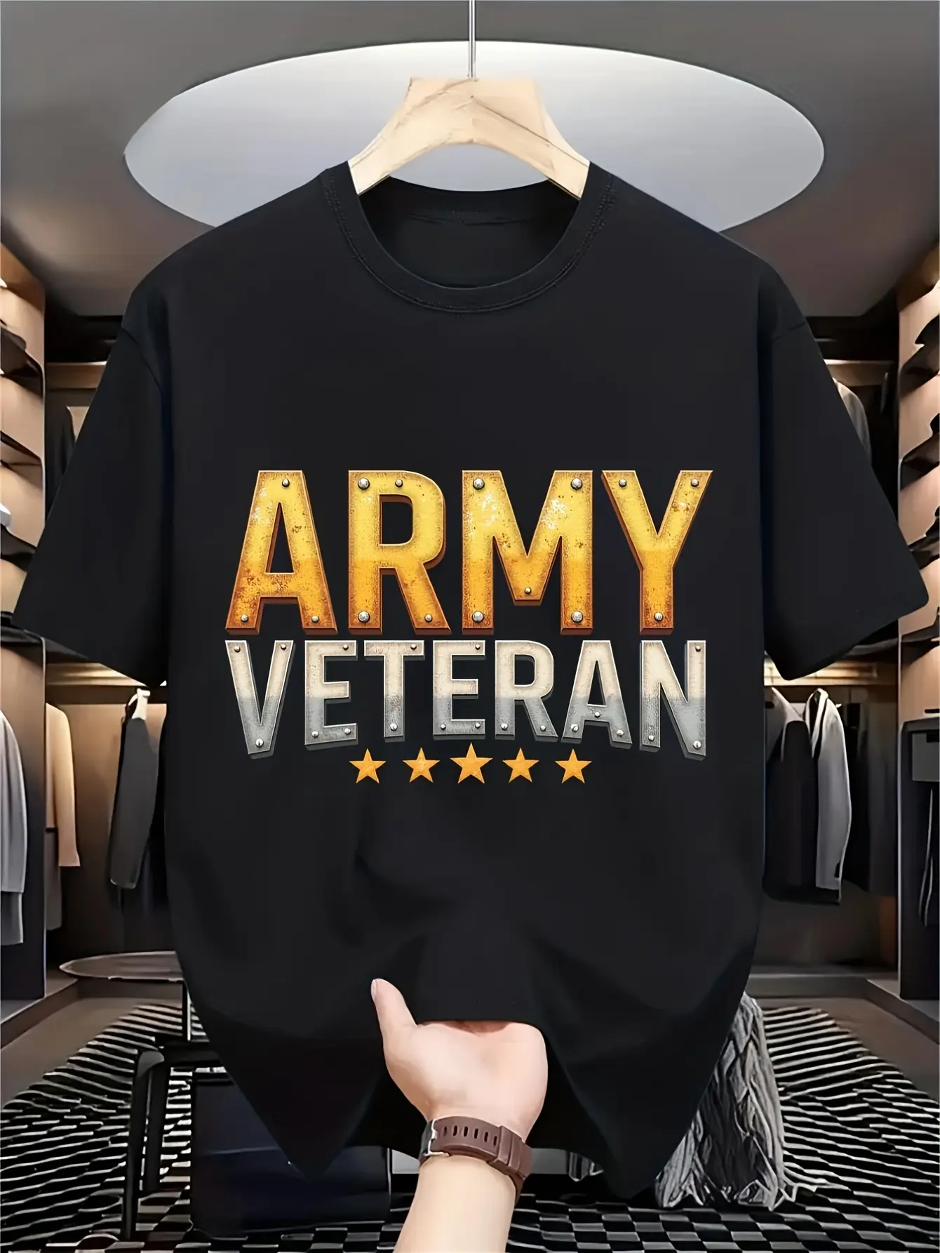 Men'S Army Veteran Graphic Tee Featuring ARMY VETERAN Text Print. This Relaxed Fit Round Neck Short Sleeve Shirt Is Perfect for Military Apparel. Available in a Similar Style for Both Men And Women