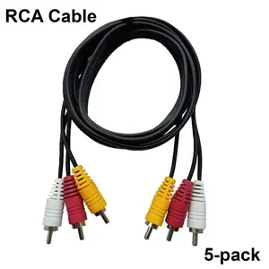 Pack of 5 3 Male to 3 Male RCA Audio Video AV Composite Cable PVC Black Cord Universal Wire by SatelliteSale 6 feet