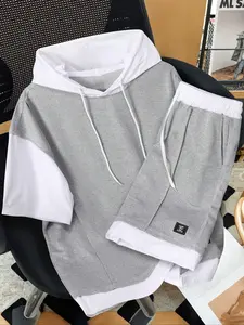 Plus Size Men's Preppy Style Summer Set, Streetwear Tracksuit Set, Sweatsuit Sets, Hooded Short Sleeve Top & Drawstring Shorts, Casual Fitness Wear for Men, Comfortable Fit