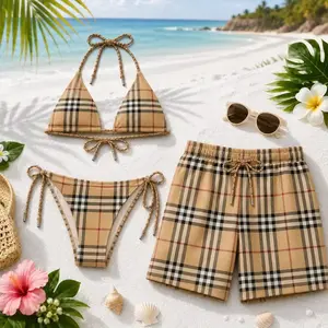 2026 Signature TB Matching Couple Swimwear Set - Women’s Viral Bikini, Men’s Beach Shorts, Ideal for Vacation Gifting