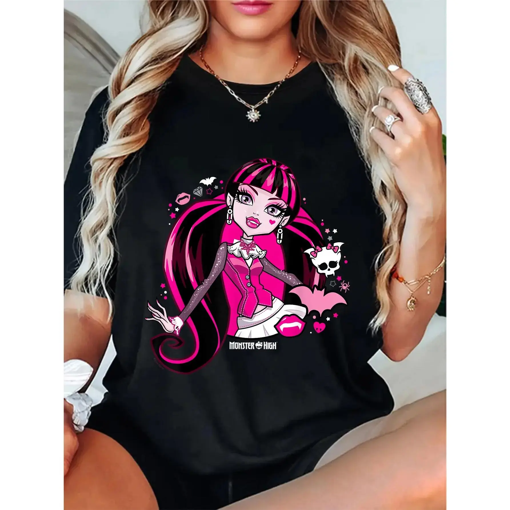 GGOR 100% Cotton Unisex Drop Shoulder Short-Sleeve Round Neck Tshirt, Monster High-Draculaura Graphic Print, All Seasons Casual Streetwear Normal Type Sports Top, Do Not Dry Clean, Casual Wear
