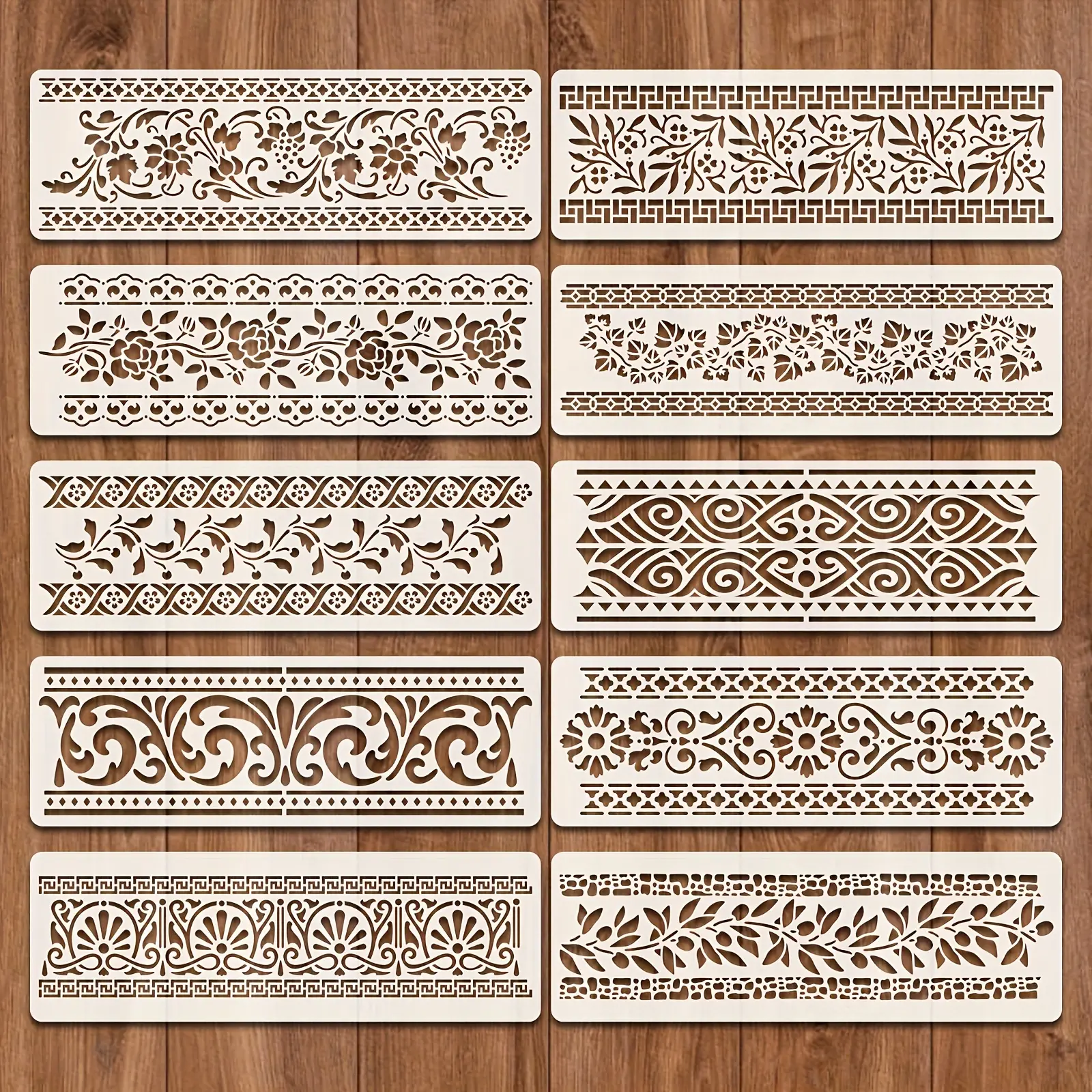 10-Piece/set Line Border Template Set, Reusable Floral Pattern Wall Art, Wood & Paper Painting Molds, Washable, Floral Designs, 11.8"x3.9"
