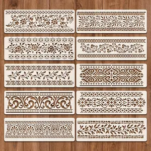 10-Piece/set Line Border Template Set, Reusable Floral Pattern Wall Art, Wood & Paper Painting Molds, Washable, Floral Designs, 11.8"x3.9"