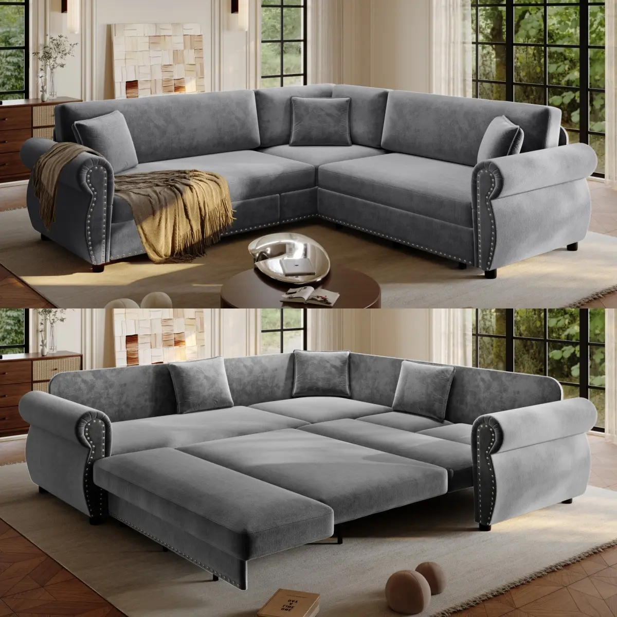 Aobtkel 118" L-Shaped Chenille Fabric Mid-Century Modern Convertible Sofa Bed - Sturdy Iron-Framed King Size Pull-Out Sleeper with High-Density Foam Padding, Nailhead Trim, Rolled Arm, Plastic Legs for Living Room, Dark Grey