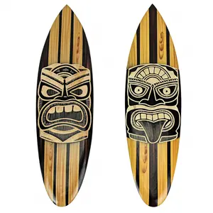 Set of 2 Black & White Tiki Surfboards - 20in Wood for Coastal Serenity