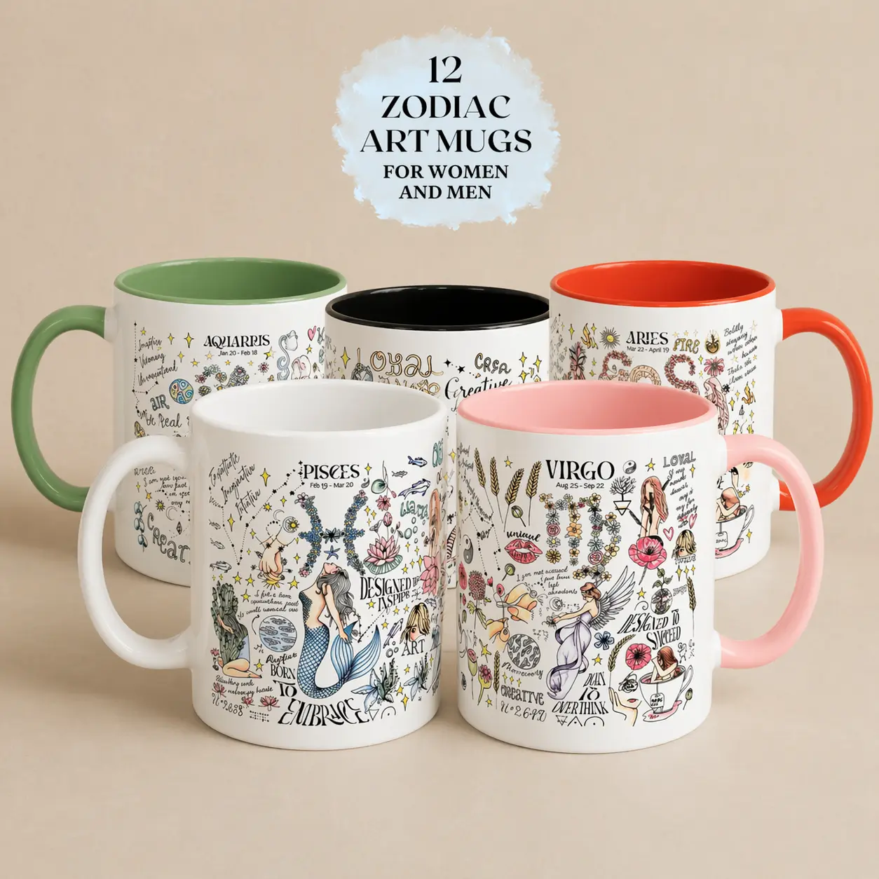 All 12 Zodiac Signs Mugs , Astrology Coffee Mug Collection, Horoscope Ceramic Cup Gift Set, Colorful Zodiac Sign Drinkware