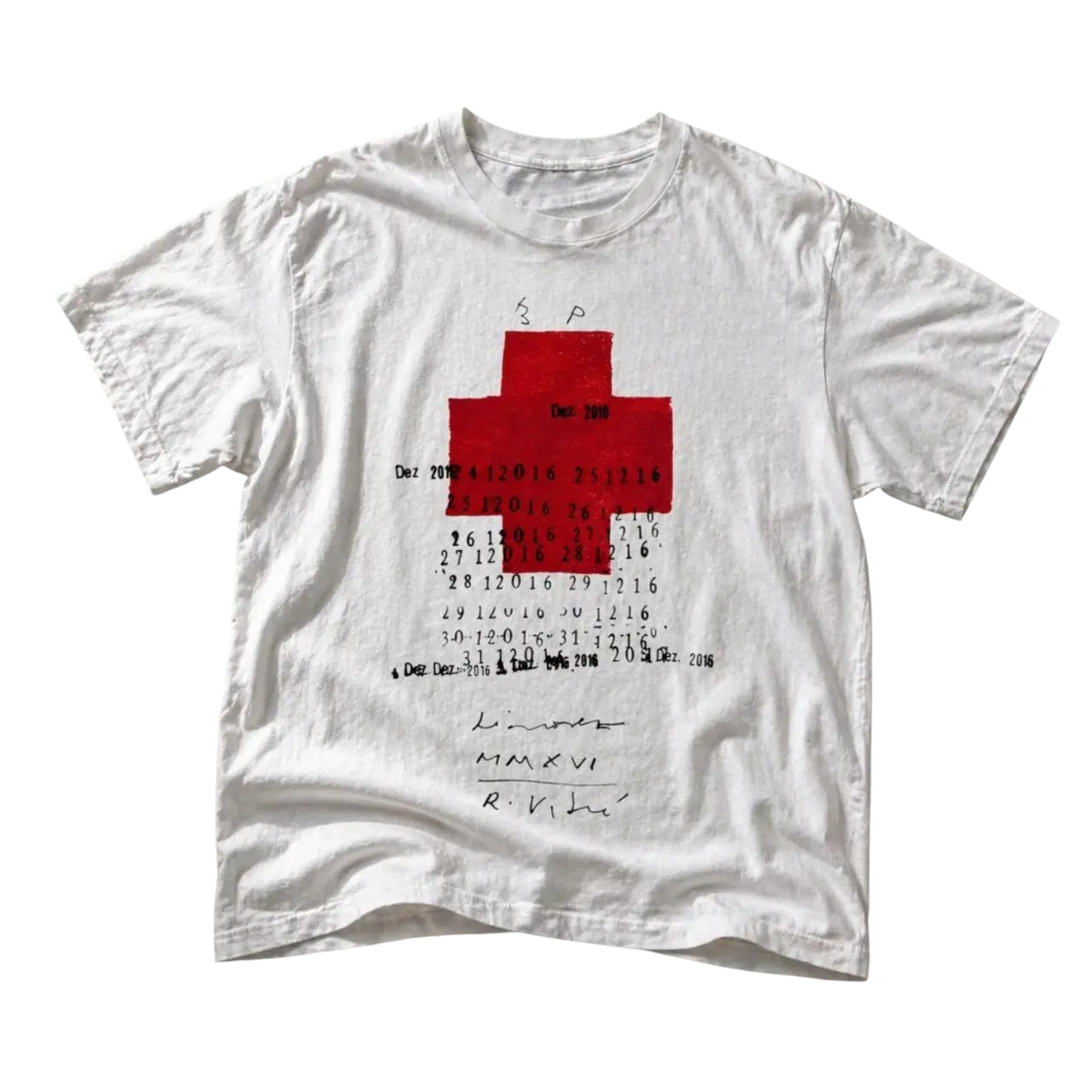 Avant-Garde Red Cross Graphic Tee, Typographic Date Stamp Shirt, Conceptual Art T-Shirt, MMXVI Calendar Tee, Grunge Archive Fashion Clothing, Minimalist Medical Cross Shirt, Unisex White Tee