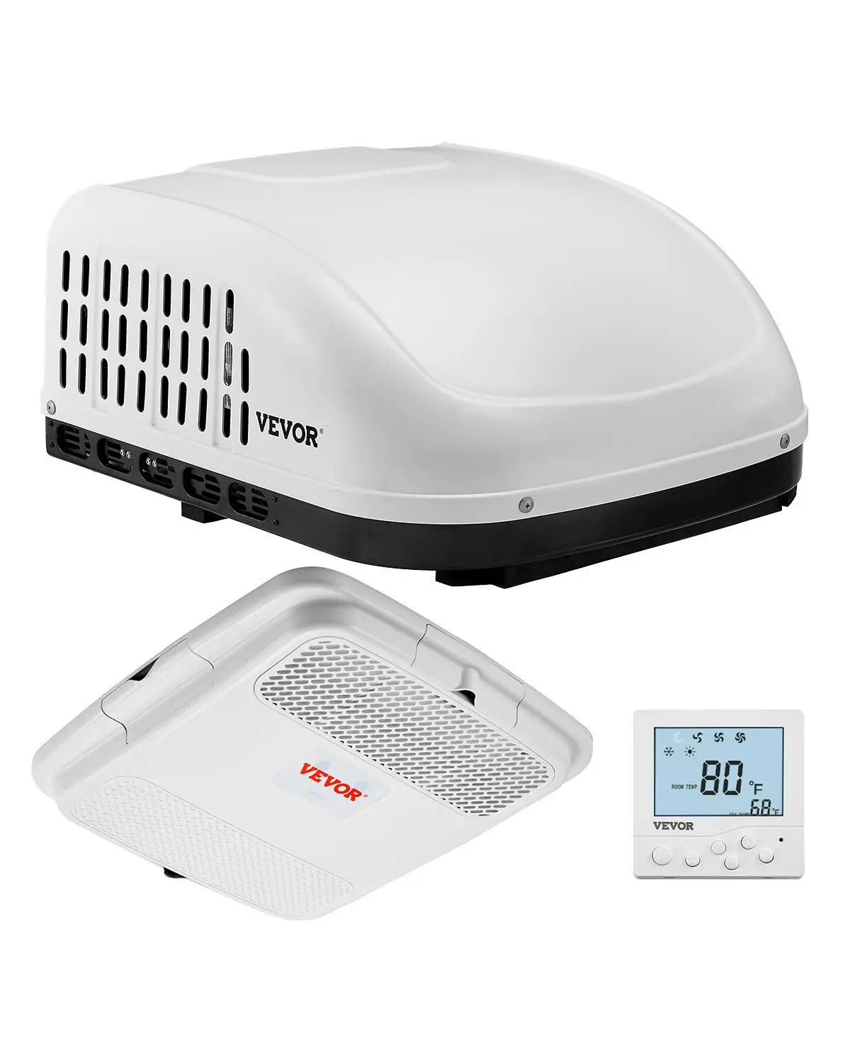【Summerfinds】VEVOR 15000 BTU Non-Ducted Rooftop RV Mounted Mobile Air Conditioner - 65 dB Quiet Design, Rapid Cool Timer Feature, Stay Cool Hot Weather Solution, Includes Air Distribution Box, Operation Panel, Installation Hardware, for Campers, White, Mo