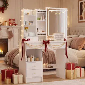 White Vanity Set, Make up Table with Sliding LED Mirror, Hidden Storage, Four Drawers, and Open Shelving,3-Color Adjustable Lighting , Lighted Dressing Table for Bedroom Organization closet organizer cabinets