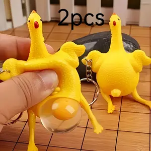 Fun Keychains Set of Two, Creative Squeeze Egg Laying Chick Design, Surprising Soft Rubber Chicken Charms, Perfect Gift Idea