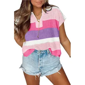 EncoLax Womens Cap Sleeve Crop Tops Summer Color Block Going Out Crew Neck Knit Trendy Casual Sweater