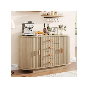 Yellow 47inch Sideboard Buffet Cabinet With Storage  Fluted Coffee Bar Cabinet With 4 Drawers And 2 Arched Sliding Doors  Modern Wood Storage Buffet Table For Kitchen  Living Room