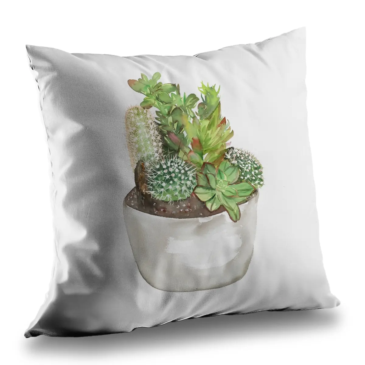 360 Stand Decorative Botanical Cactus Assortment in a Pot Throw Pillow, 14x14 in Textile Soft Furnishing for Home Decor, Cactus Standard Pillows