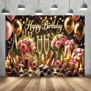Luxurious Happy Birthday Themed Celebration Banner Decoration, Decorative Backdrop, Indoor & Outdoor Family Party Decor, 2D Flat 1pc Logo Prop Arrangement