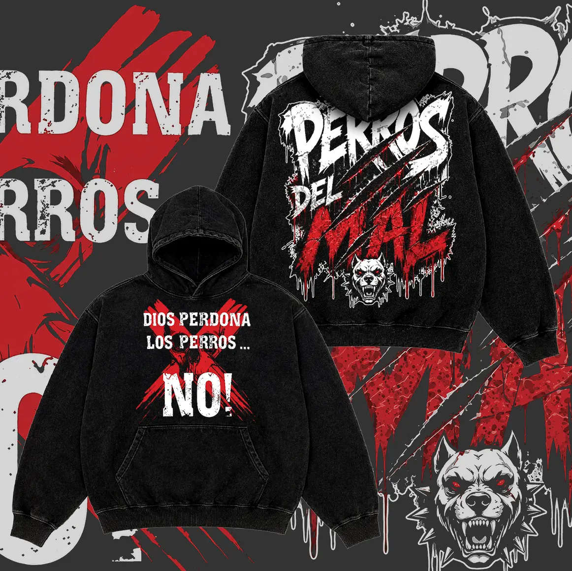 7787 Los Perros del Mal Lucha Libre Graphic Hoodie for Wrestling Fans Menswear, Vintage Washed Oversized Pullover, Front and Back Print
