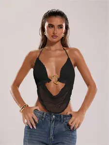 Women's Solid Color Criss Cross Backless Halter Neck Tank Top, Lady Fashion Casual Knitting Top for Daily Outdoor Wear, Women Knitwear for Summer, Boho Halter Top, Womenswear