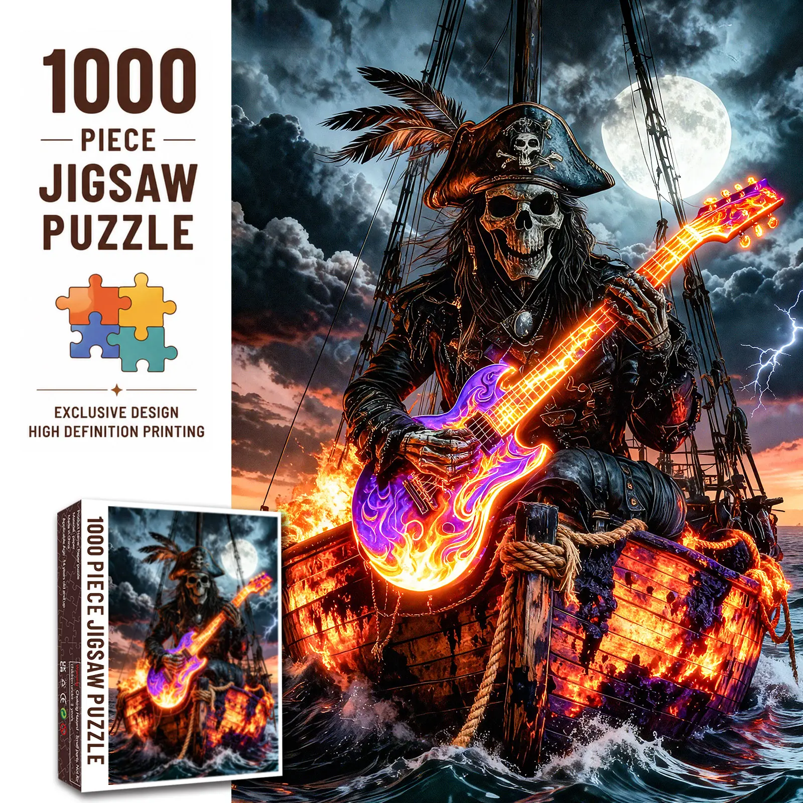 Walarky 1000-Piece Skeleton Pirate Guitar Jigsaw Kit for Adults, Flaming Ghost Ship Dark Fantasy Art, Challenging Family Game for Stress Relief, Halloween Gift for Seniors, 27.5x20in (70x50cm) Wall Decor