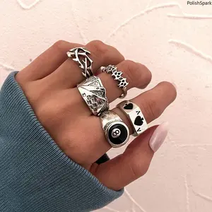 Gothic Punk 5-Piece Stackable Rings Set, Vintage Silver Playing Cards Adjustable Open Rings