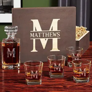 Personalized Whiskey Decanter Set with 4 Glasses and Custom Wood Box - 9 Design Options