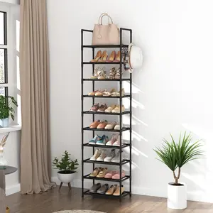 10 Tiers Tall Shoe Rack Storage with Hooks, Sturdy Narrow Shoe Shelf for Entryway and Closets, Black