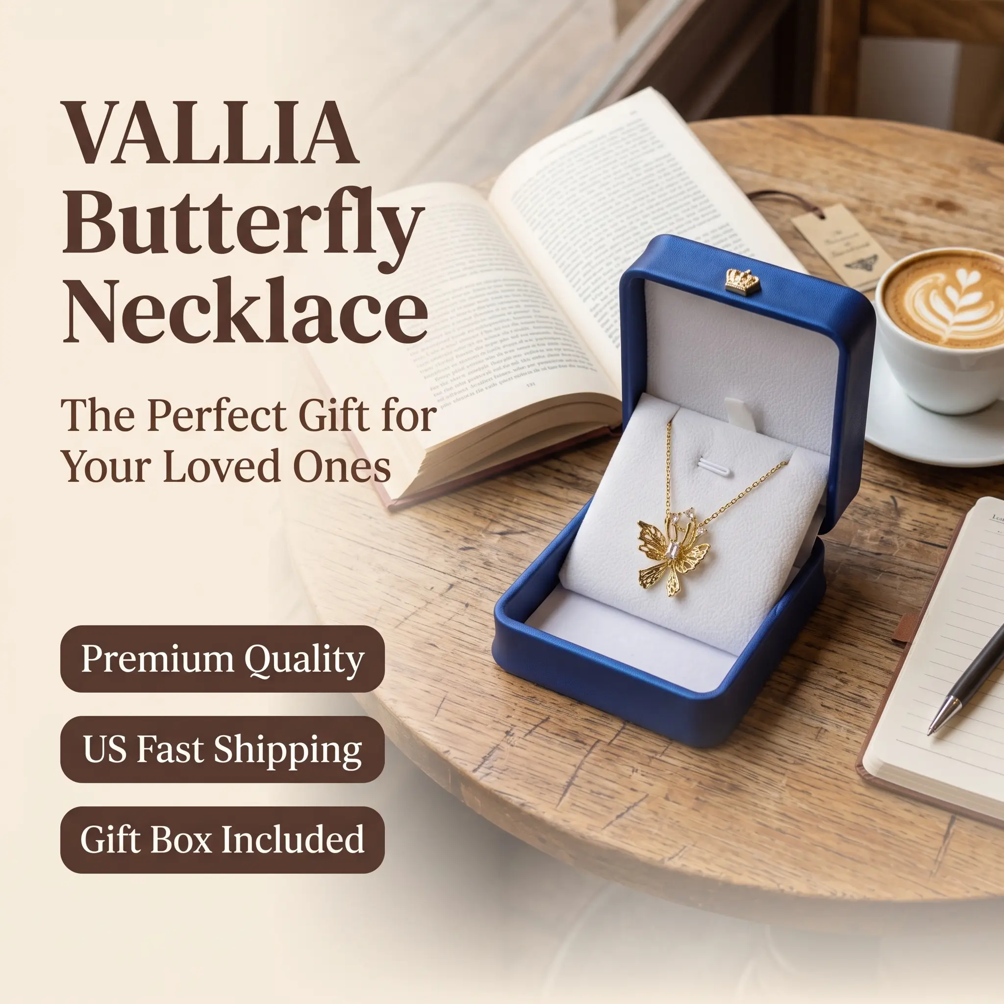 VALLIA Women's 14K Gold Plated Butterfly Necklace - Gold Aesthetic Female Wear, Waterproof Hypoallergenic Butterfly Motif Pendant with Sparkling Zircon, Delicate Layerable Link Chain, Gift-Ready Ideal Gift