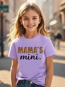 Girls' Summer Fashion Leopard Letter Print Breathable Short Sleeve T-Shirt, Casual Loose-Fitting, Mother's Day Series, Medium to Large Kids