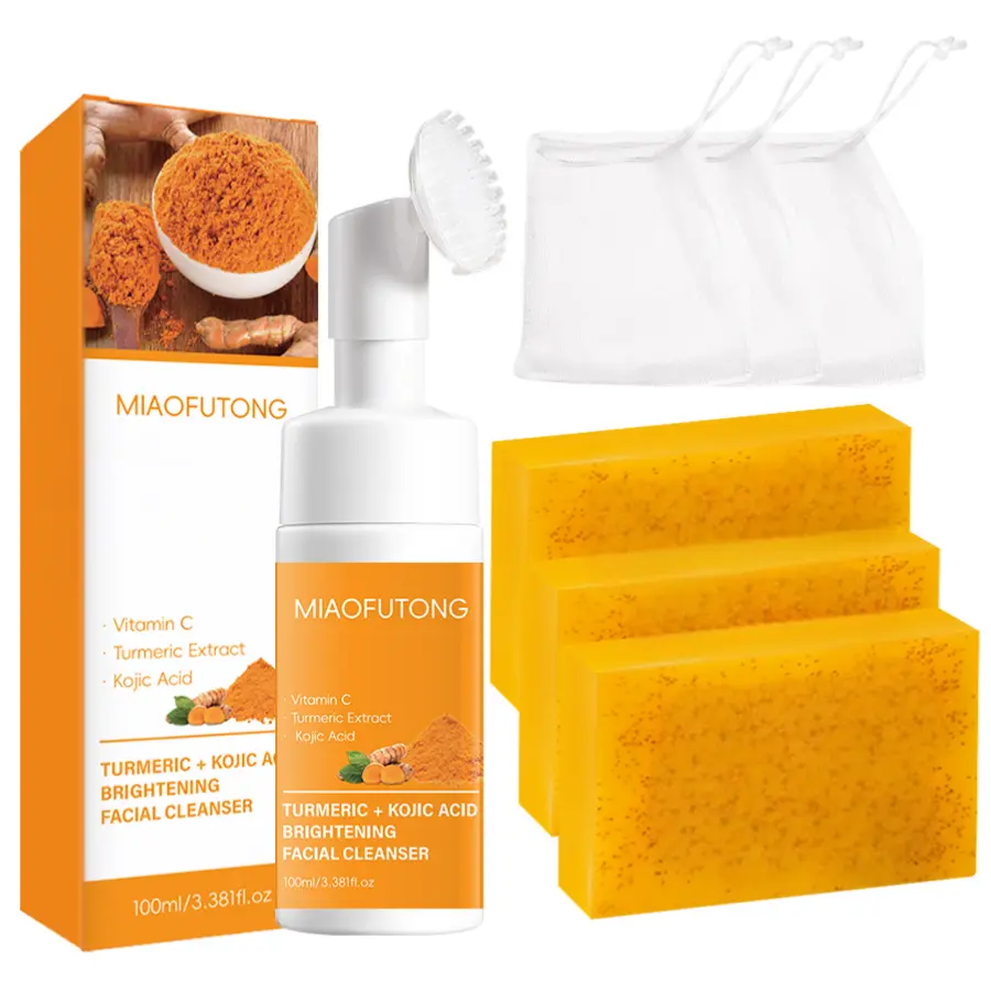 Turmeric Kojic Acid 3-Piece Cleansing Set with Liquid Mousse & Soap Bar, Firming Face and Body Wash for All Skin Types