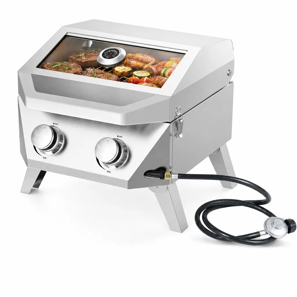 BESTFIRE 20K BTU 2-Burner Portable Tabletop Gas Grill – Stainless Steel Construction with Viewing Glass Lid, Built-In Thermometer & Easy Push-Button Ignition,  for RV Camping, Tailgating Parties & Backyard Outdoor Cooking barbecue propane bbq camp picnic