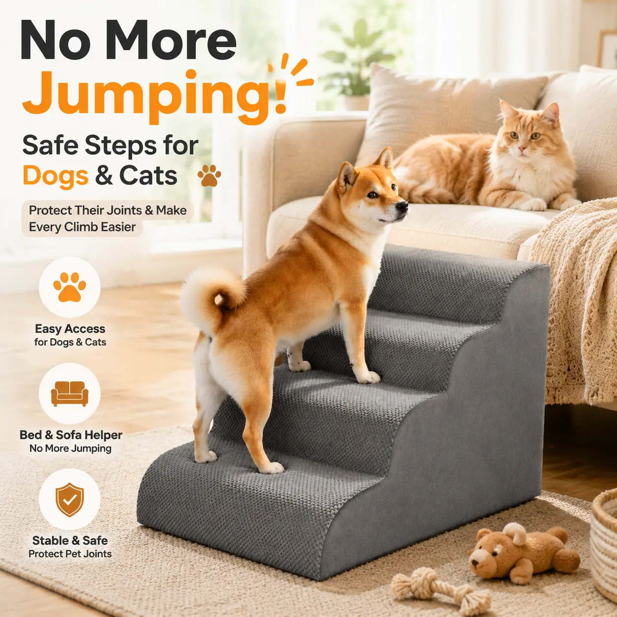 Sweetcrispy 5-Step Curved High-Density Foam Pet Stairs Ramp - Indoor Dog & Cat Furniture with Joint Support, Stable Floor Grip, Easy to Clean, Tool-Free Quick Setup, Strong & Reliable Support, Works with Beds, Sofas, and Chairs for Small Pets