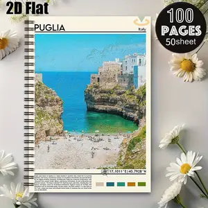 1pc Puglia Italy Coastal Scenery Spiral Coil Notebook, 5.7x8.26 Inch, Durable Binding, Travel Journal for Summer Vacation, Beach Trip Notes, Gift for Travel Enthusiasts on Birthday/Christmas [2D] Flat