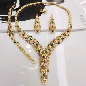 Elegant zircon Gold Tone Jewelry Set with Multicolor Gemstones Necklace Earrings and Ring for Special Occasions