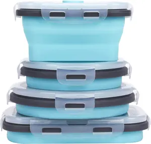 Set of 4 Collapsible Silicone Food Storage Containers with Airtight Lids, Microwave and Freezer and Dishwasher Safe, with Vent Valve, BPA Free