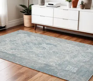 HomeRoots 570888 4x6 ft. Gray, Blue & Ivory Medallion Rectangular Area Rug - Modern Blue Rectangular Area Rugs, Blue Area Rugs