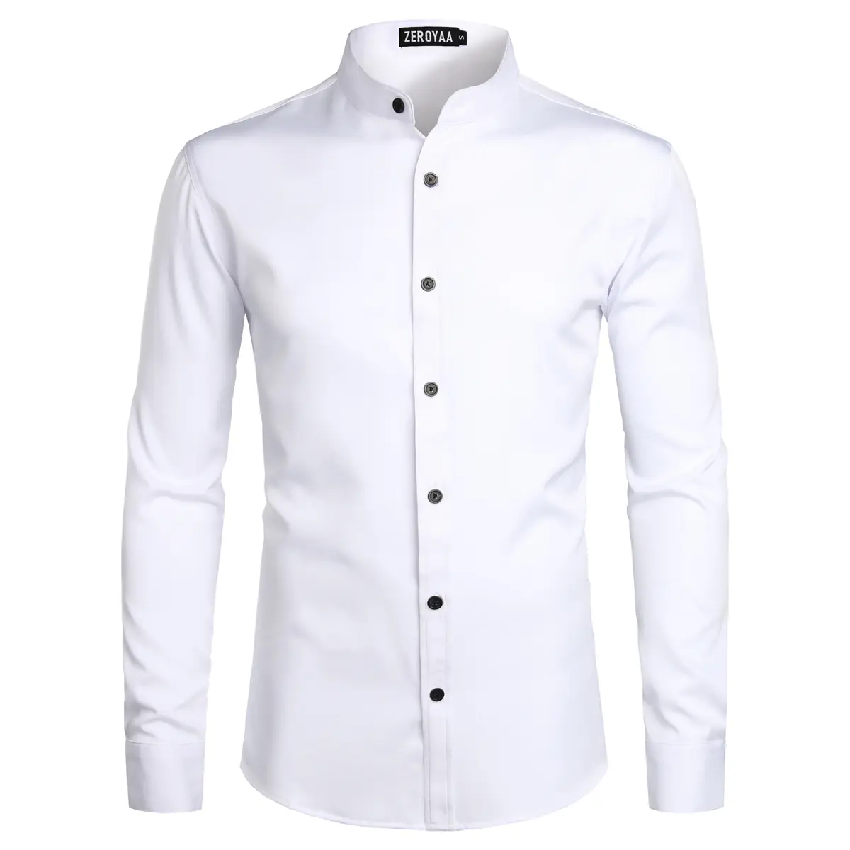 ZEROYAA Men's Soft Solid Slim Fit Long Sleeve Mandarin Collar Dress Shirt - Polyester Fabric, Stylish Tops, Hipster Casual Business Menswear with Contrast Buttons, Office to Dinner Versatile Shirt for Friends (Slim Fit Sharpens Your Look)