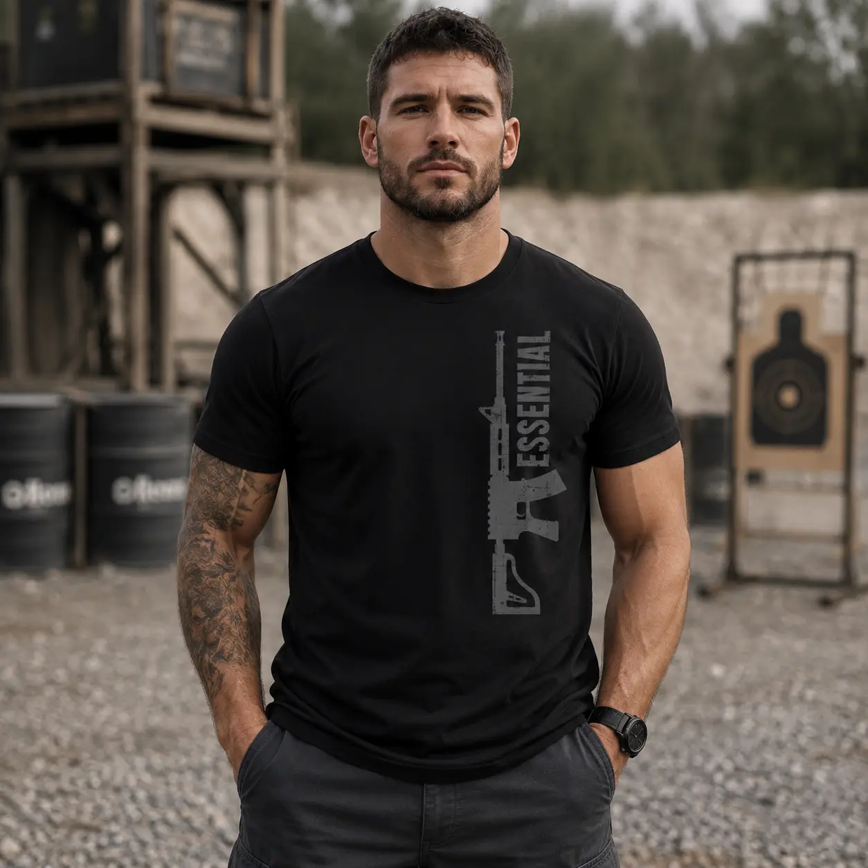 Men’s Essential Rifle Graphic T-Shirt – Distressed Tactical Gun Tee, Patriotic Outdoor Shooting Shirt