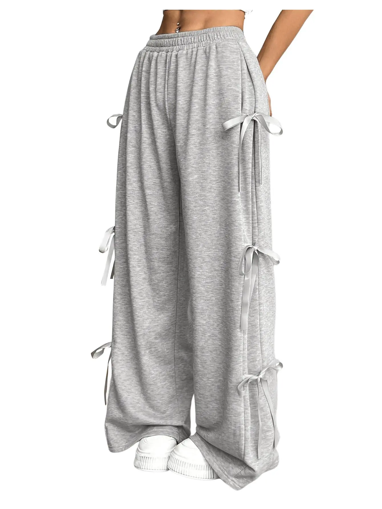 MNLYBABY Women's Bowknot Wide Leg Sweatpants Elastic Waist Casual Loose Pants with Pockets Maxi Knitted Fabric Dancing Fit Street Wear Tops Clothes Baggy Jacket