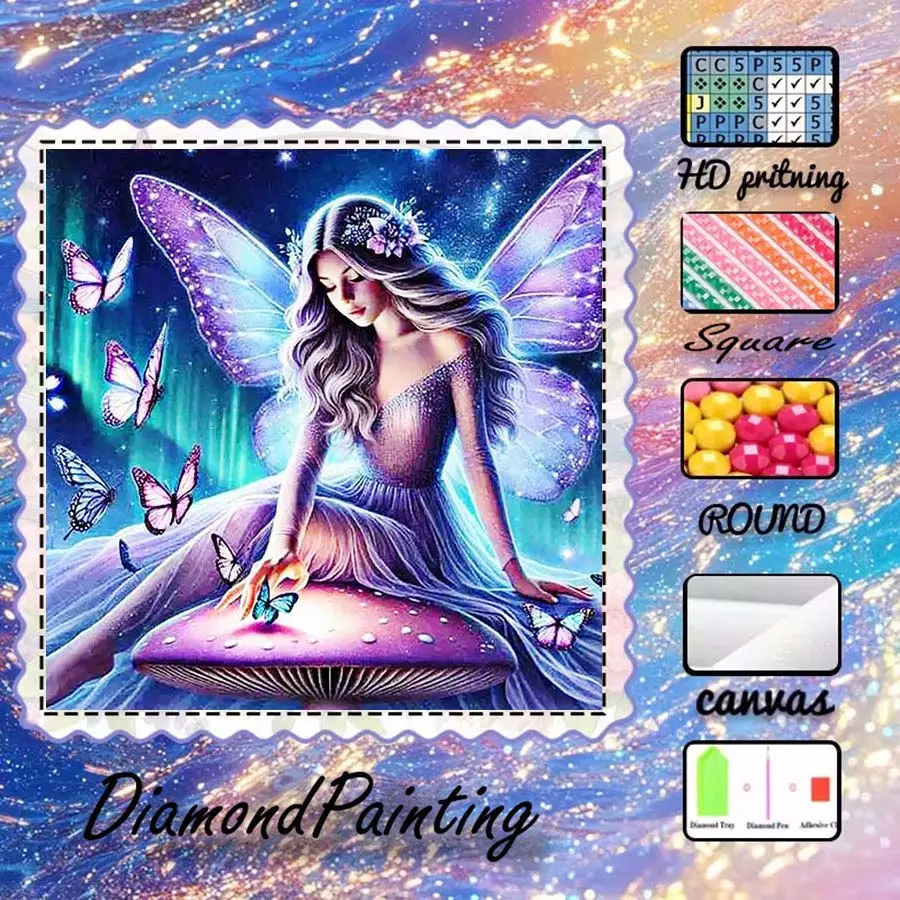 DIY 5D velvet fabric diamond painting kit, AB diamonds, fairy dust diamonds, crystal diamonds, fairy, butterfly, mushroom diamond embroidery, special process diamond art kit, wall decoration, gift for family, loved ones, and friends.