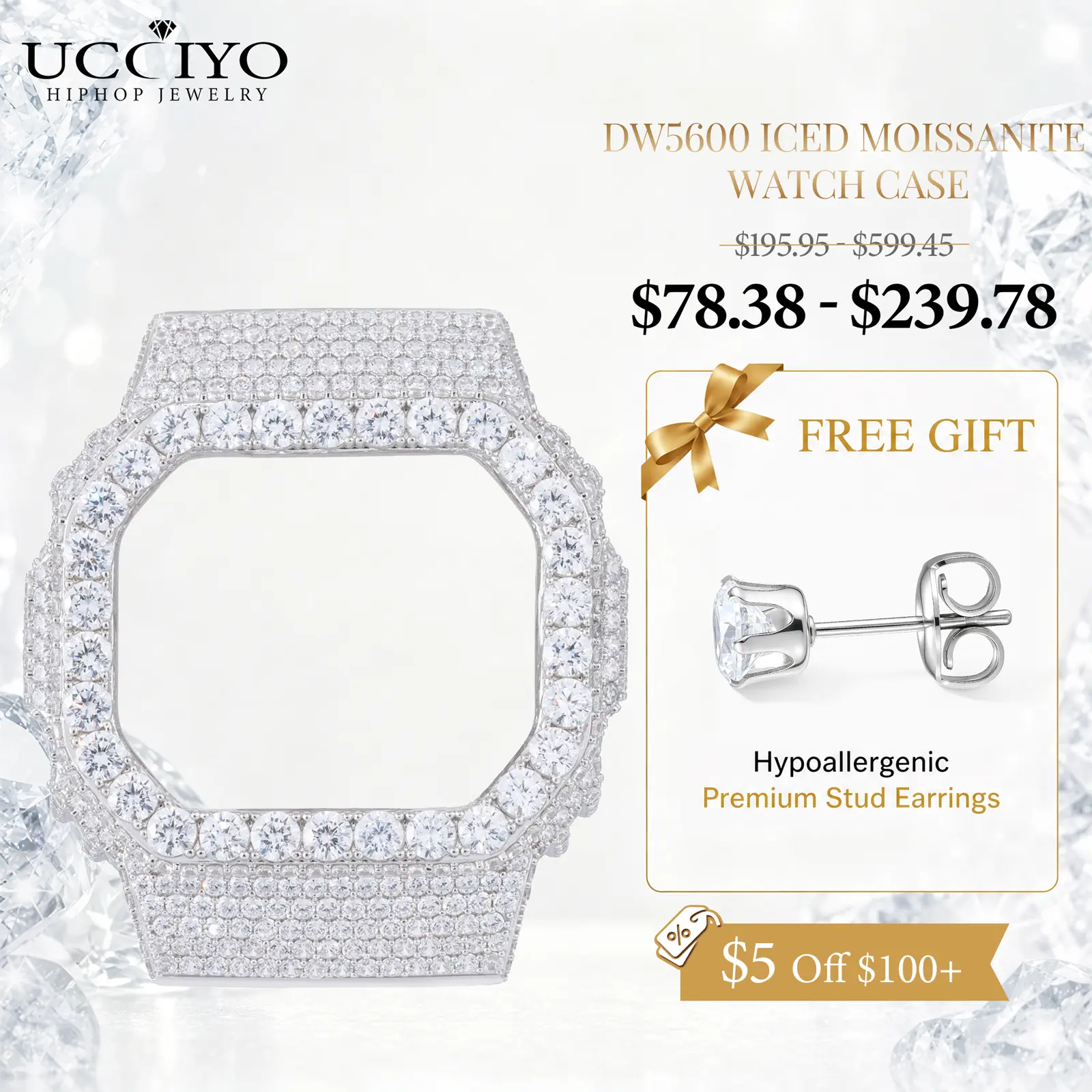 【#CMW13】UCCIYO Compatible-DW5600 Watch Case Lab-Created Moissanite  Iced Out 18k Gold-Plated Watch Bezel Case for Women Men Hip Hop Jewelry Gift Party Banquet Anniversary