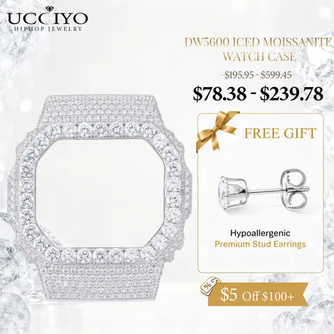 【#CMW13】UCCIYO Compatible DW5600 Watch Case, 18k Gold-Plated Iced Out Bezel with Lab-Created Moissanite Artificial Gemstone Jewelry Accessory, Elegant Gold Look Item for Adults, Dating-Anniversary-Banquet-Evening Party Gift for Boyfriends
