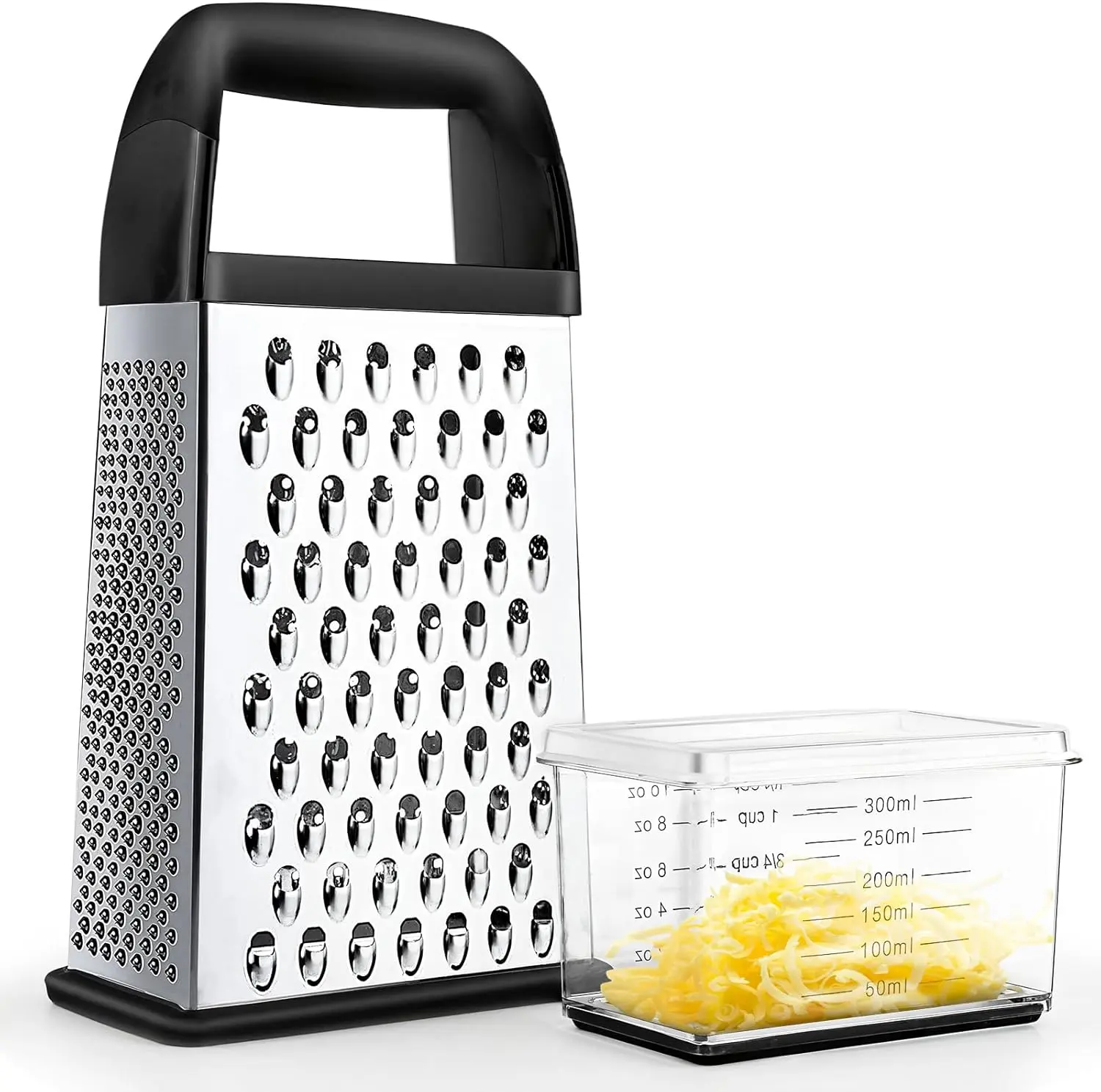 Cheese Grater With Container Professional Box Grater with 4 Sides Stainless Steel Graters Handheld for Kitchen Dishwasher Safe Food Shredder for Parmesan, Vegetables, Ginger