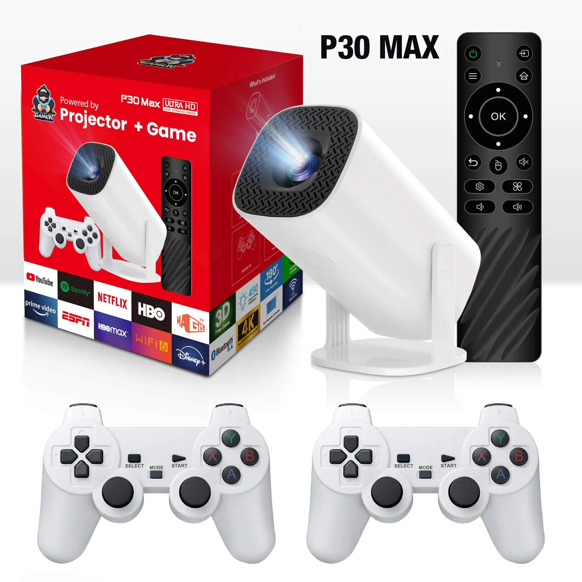 P30 MAX 4K Game Projector, WiFi6, Bluetooth 5.2, 180° Rotatable, 2 Wireless Controllers, 10,000+ Classic Games