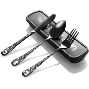 Skull Pattern Cutlery Set with Storage Box, 4counts/set Stainless Steel Fork & Spoon & Knife, Lunch Packing Accessories, Portable Tableware Set for Camping Picnic Office School Travel, Dinner Sets, Modern Tableware Sets, Kitchenware