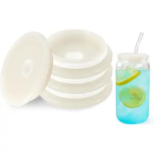 Joyclub 4 Pack Acrylic Lids for 16 oz Glass Cups with Bamboo Lids and Straws Reusable Iced Coffee Cup Beer Can Drinking Glasses for Smoothie Whiskey Boba Soda Tea Gift (Cream White)