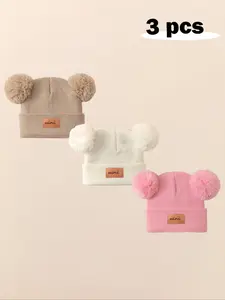 3pcs Baby Girl Newborn Toddler Pom-Pom Heart Beanie Hat, Cozy Knit Winter Warm Heart Cute Hat, Outdoor Baby Accessories Bonnet, Bunny Bonnet
