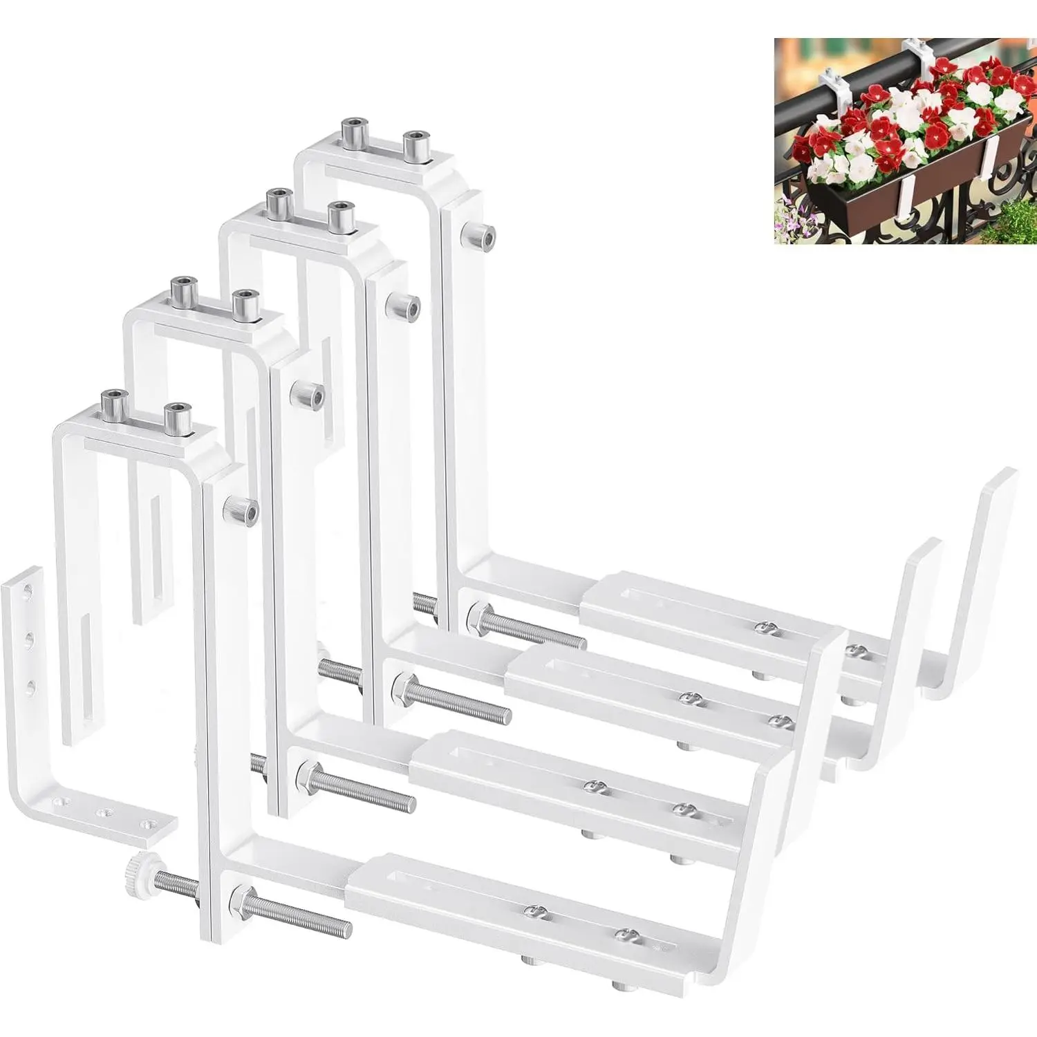 4-Pack Adjustable Steel Wall/Railing Planter Brackets, Heavy-Duty Hangers with 2-6.8 in Width Range for Planter Boxes, Hanging Baskets, Balconies & Garden Use