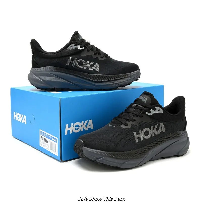 Brand New Sealed Original Box Unisex All Black Mesh Trail Running Sneakers Embossed Dark Logo Wave Segmented Thick Cushion Sole Gray Non Slip Outdoor Hiking Athletic Walking Daily Sports Trainers